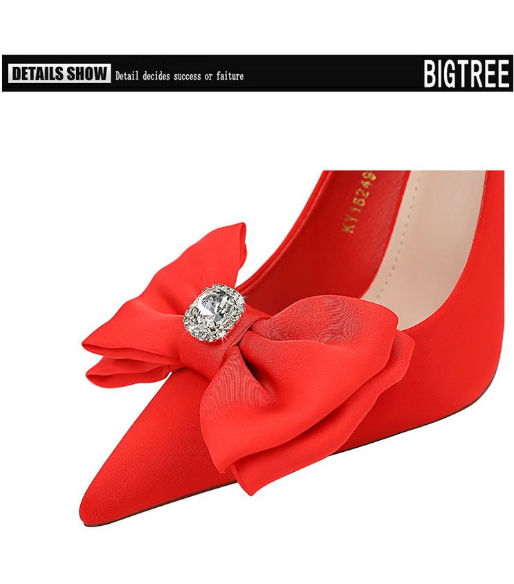 18249-H33 Korean Fashion Banquet Thin Heels, Shallow Mouth, Pointed Water Diamond Bow, High Heel Single Shoes For Women_voghion.com