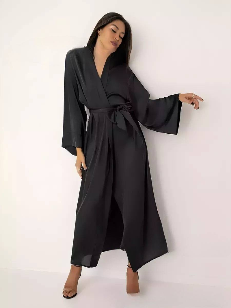 Sleepwears lang elastisk silke nattkjole ensfarget brud morgenkjole dame cardigan tynn sexy sateng badekåpe_voghion.com