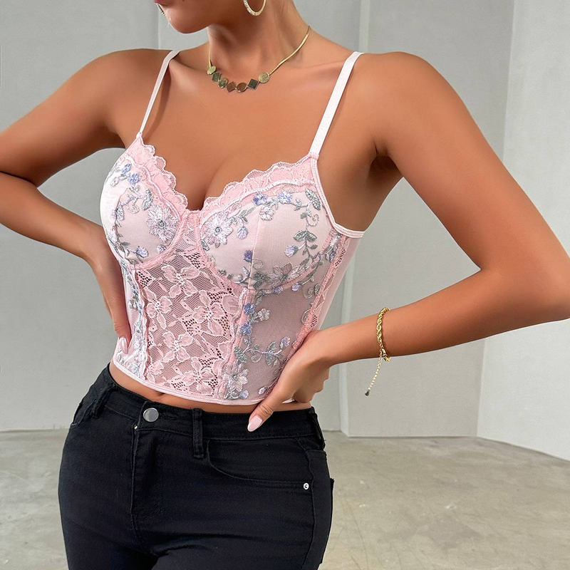 Damenbekleidung Neue Hosenträger Brust Spitze Spitze Modische Dreidimensionale Blumenstickerei Stahlring Fishbone Weste_voghion.com