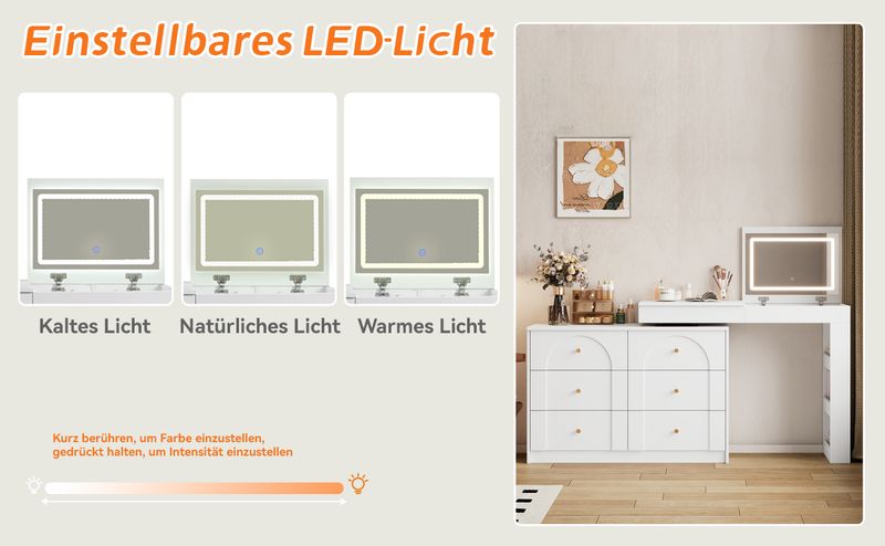 Drehbarer Schminktisch mit LED-Beleuchtung,Frisiertisch,Bürotisch,weiß,105×40×80cm_voghion.com