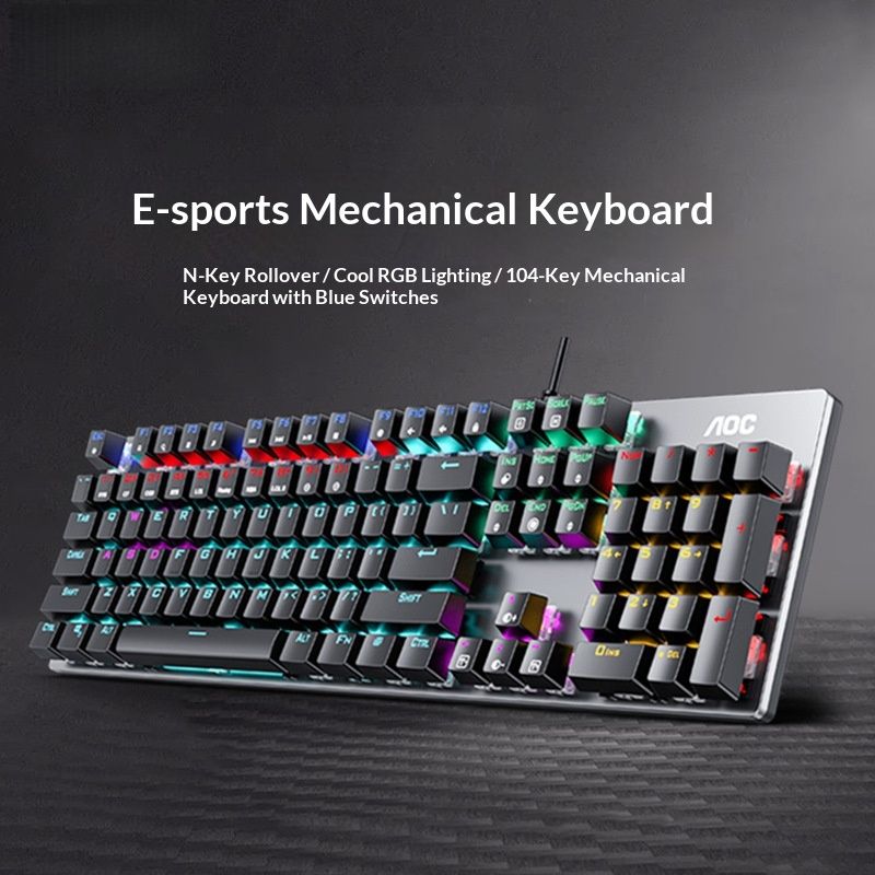 Clavier de jeu mécanique AOC GK410 - Interrupteurs bleus, rétroéclairage multimode, connexion filaire USB, panneau en métal (104 touches, étanche)_voghion.com