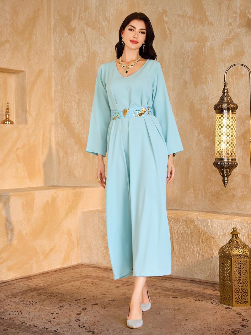 Elegant Gold-Embroidered Abaya Dress – Modest Muslim Long Sleeve Maxi With Floral Lace & Batwing Sleeves (S-XXL, Mint Green)_voghion.com