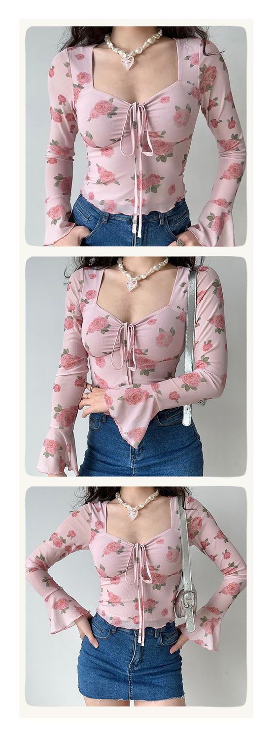 French Sweet Style Mesh Floral Print Bell Square Neck Shirt For Women Slim Fit Long Sleeve Top_voghion.com