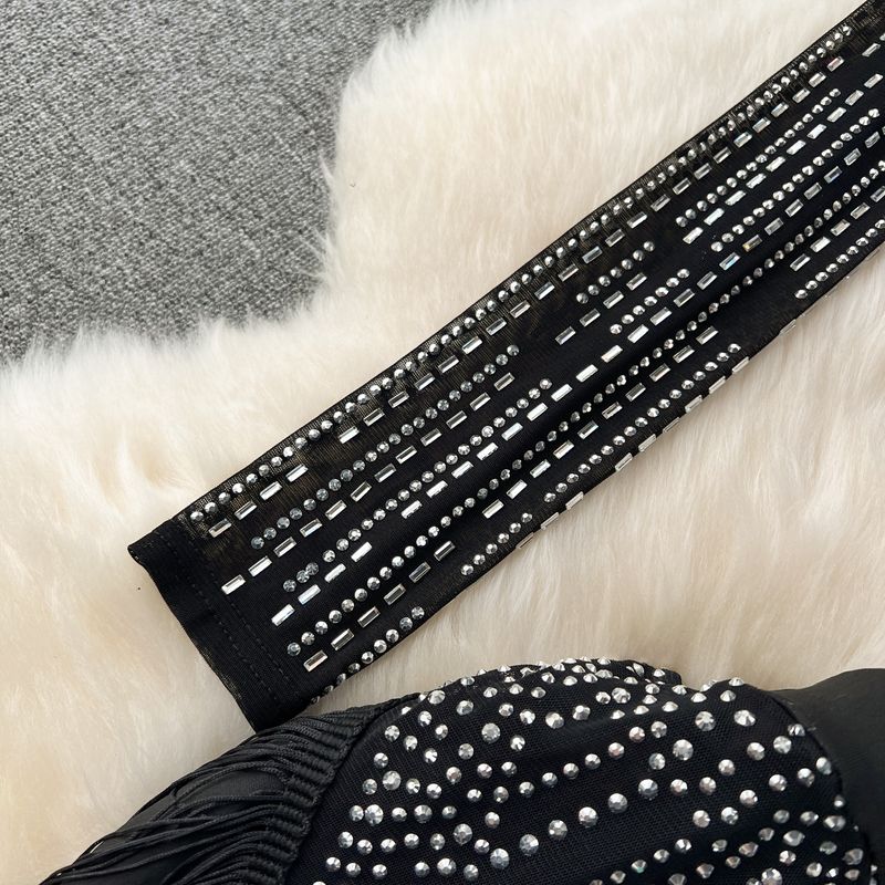 Costum de damă cu temperament de vedetă, la modă, cu mânecă lungă, de nișă, sexy, cu diamant, slim fit, cu fustă versatilă și ciucuri, costum din două piese_voghion.com