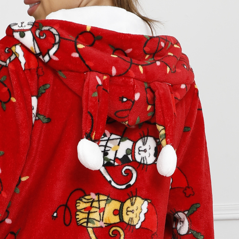 Damen Kleeschen Routkäppchen Flanellgedréckte Jumpsuit Pyjama Heemkleeder_voghion.com