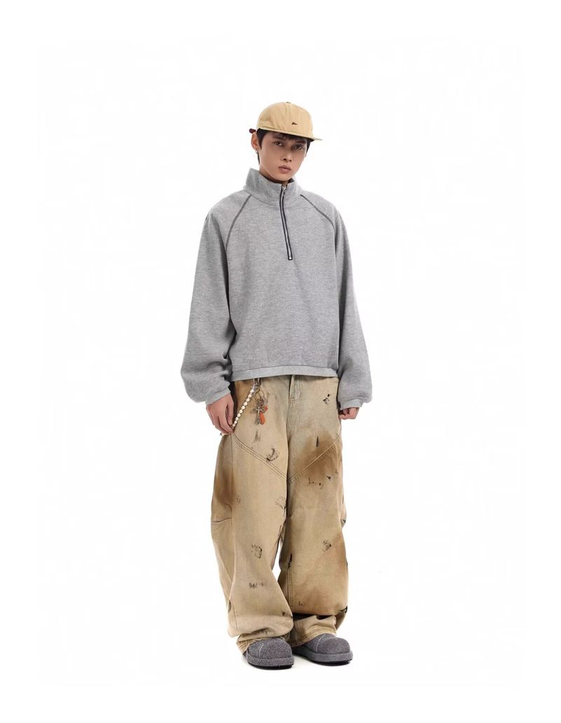 Men's Distressed Patchwork Denim Pants – Post-Apocalyptic Wide-Leg Jeans (High Waist, Button Fly, Lightweight)_voghion.com