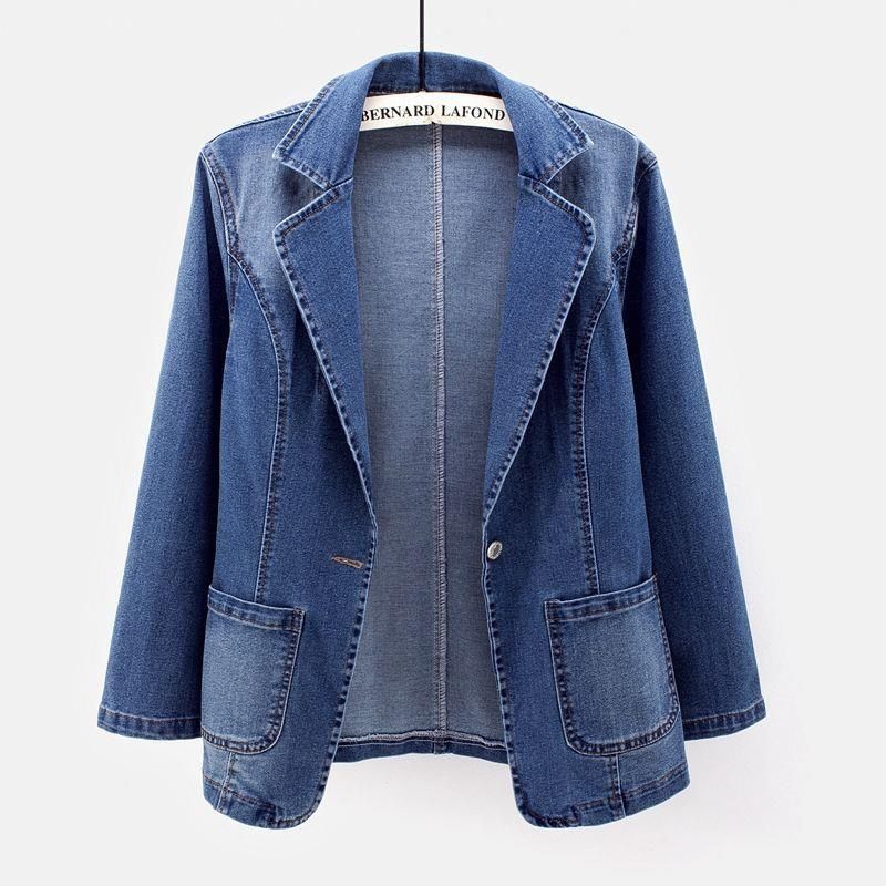 Women's Slim Fit Denim Blazer Jacket With Notched Lapel Single Button Open Front Casual Spring Autumn Coat_voghion.com