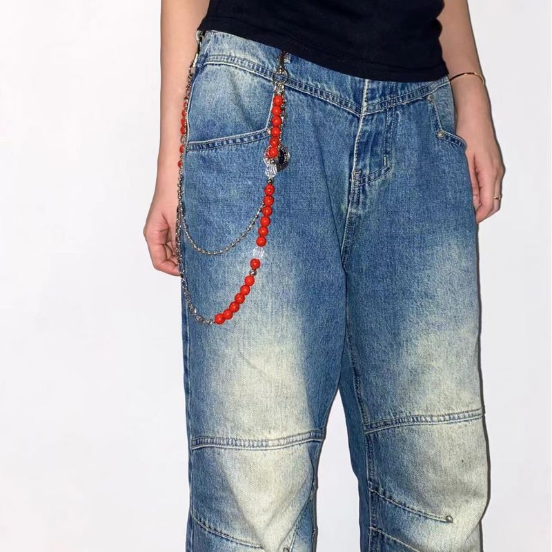 Kırmızı Arka Plan Siyah Damar Taşlı Çıkarılabilir Pantolon Niş Vibe Tek Katmanlı Bel Pantolon Zinciri_voghion.com