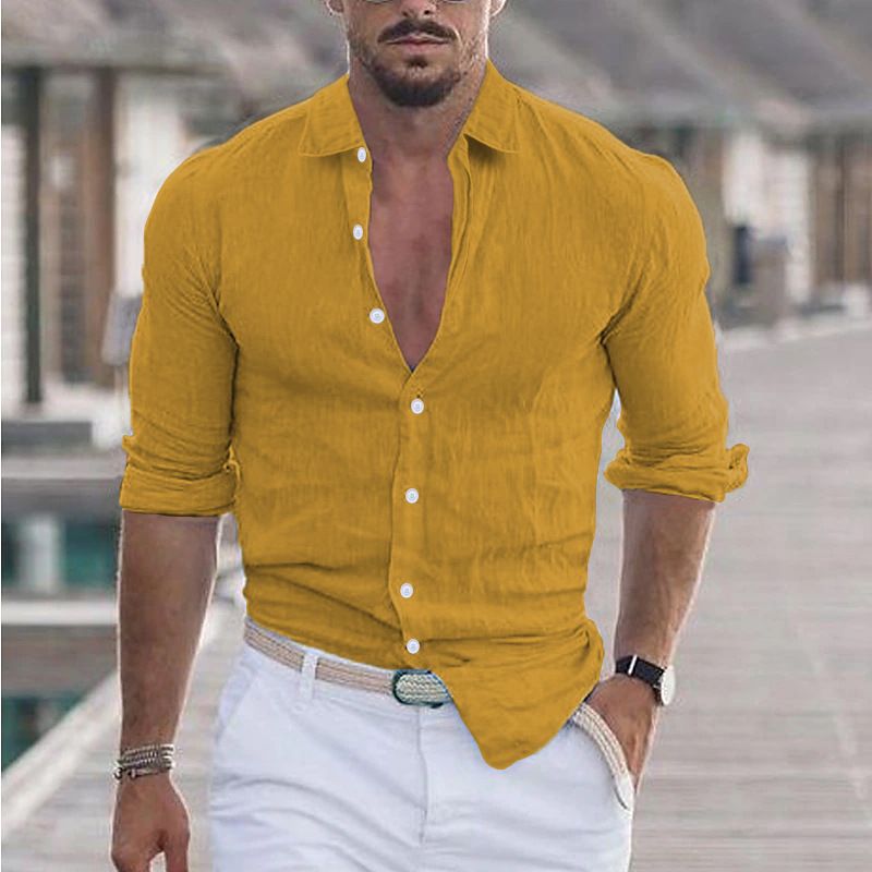 Camicia da spiaggia estiva da uomo in cotone e lino con risvolto, a maniche lunghe, tinta unita, per le vacanze hawaiane_voghion.com