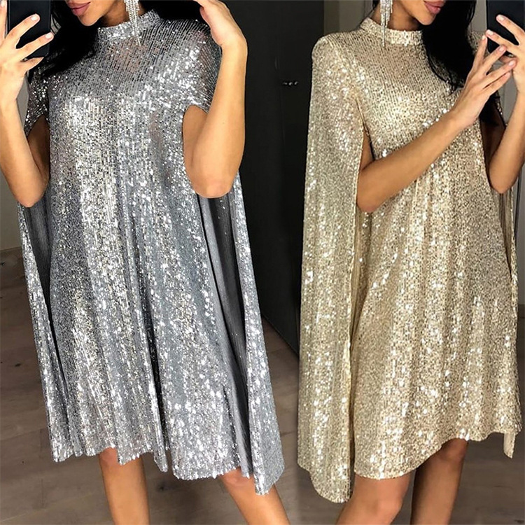 Abbigliamento da donna, piccolo abito con paillettes con colletto rialzato, sciolto_voghion.com