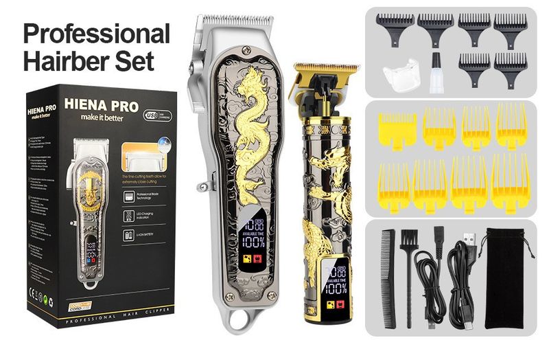 Professional Hair Clipper Set – Digital Display Cordless Trimmer With Detachable Blades & Dragon/High Hat Themed Covers_voghion.com