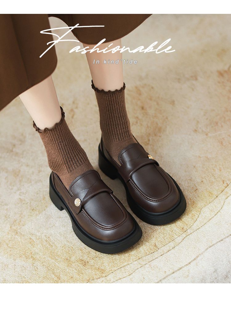 Sheepskin Gold Coin Loafers Women's 2025 Spring & Fall New Arrival Thick Sole Middle Heel Brown British Style Leather_voghion.com