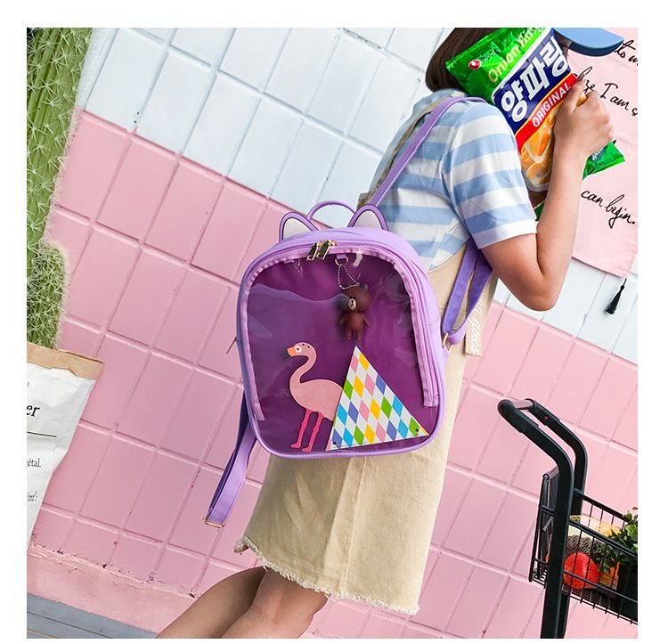 Zaini in pelle con orecchie di gatto adorabili Borsa trasparente color caramello Borse a tracolla da donna Zaino da viaggio per ragazze adolescenti_voghion.com