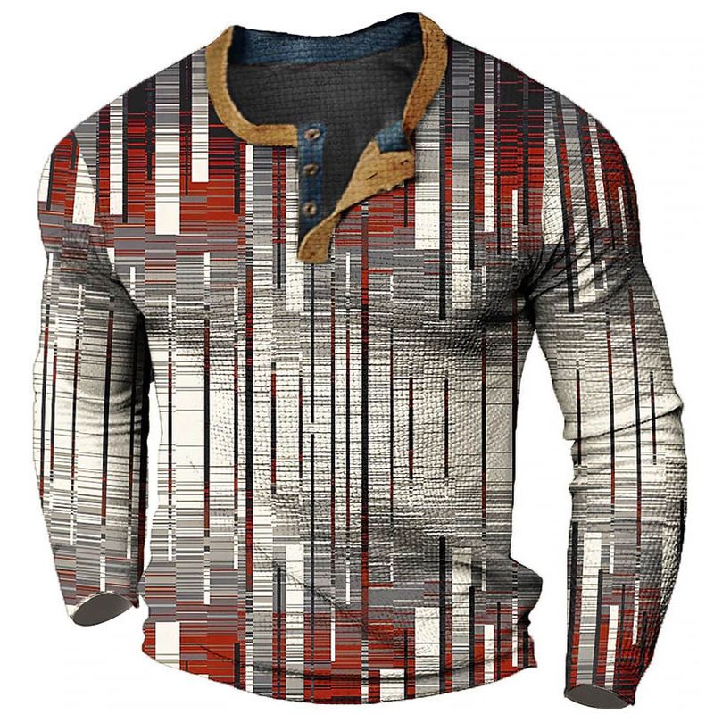 Men's Sweatshirt New 3D Head Print Three-Button Long Sleeve Henley_voghion.com