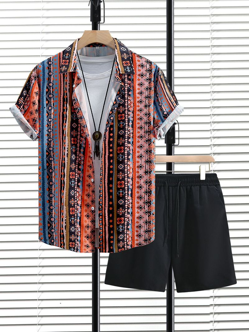 Herrenbekleidung Herren Kurzarmhemd Shorts Anzug Herrenhemd Hose Zweiteiliger Anzug Sommer 2024 Neues Kreuz_voghion.com