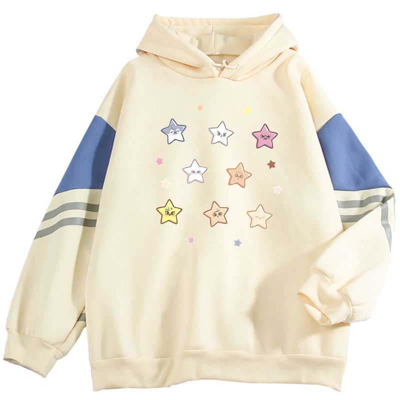 Felpa con cappuccio e cappuccio stile americano, stile cartoon, stile casual, con stampa a blocchi di colore, stile hippie_voghion.com