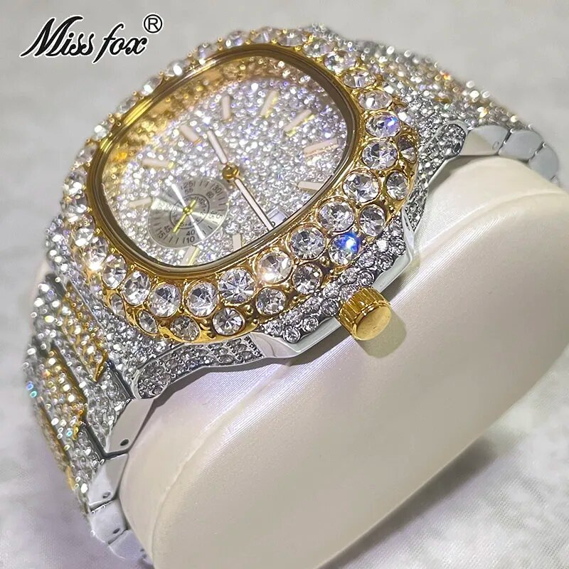 Hip Hop Marke MISSFOX Mode Iced Out Uhren Männer Voller Diamanten Gold Automatische Datum Uhr Stahl Wasserdichte Uhr Männlich_voghion.com