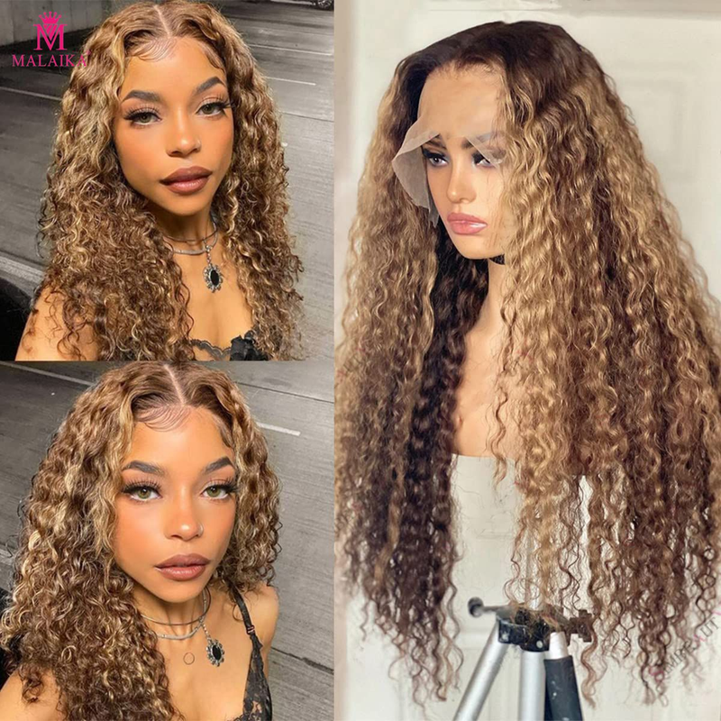 180% resaltado 13x4 cabello humano rizado 4/27 # peluca Frontal de encaje brasileño Remy rubio miel onda profunda T parte peluca Frontal para mujeres_voghion.com