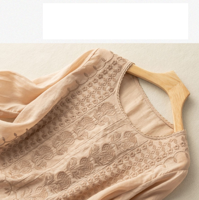 Camicetta a maniche medie da donna, con ricamo, ampia, stile letterario, vintage, in cotone e lino_voghion.com