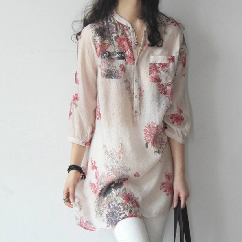 Camicia da donna in cotone e lino floreale sciolta con maniche a tre quarti medie e lunghe, abbigliamento letterario da donna_voghion.com