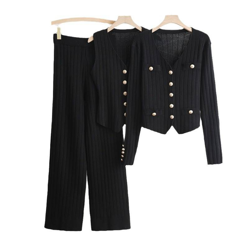 Damenbekleidung, langärmelig, V-Ausschnitt, einreihige Strickjacke, dreiteilige Weste, hohe Taille, gerade Hose mit weitem Bein_voghion.com