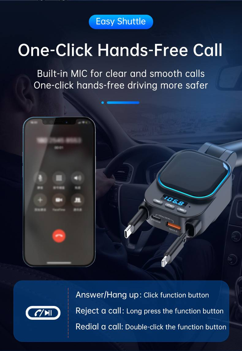 Adattatore Bluetooth avanzato per auto BC97: ricarica wireless, chiamate in vivavoce e streaming musicale per una guida sicura_voghion.com