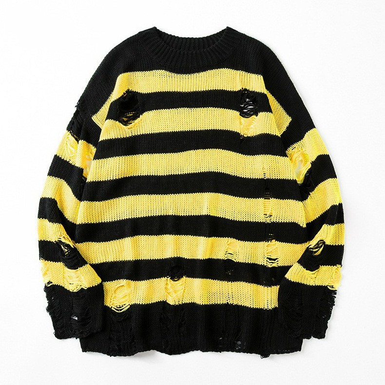 Oversized Distressed Knit Sweater For Men Crewneck Pullover With Striped Color Blocking (Black/Red, Black/White,Black/Yellow, Black/Green, Red/White)_voghion.com