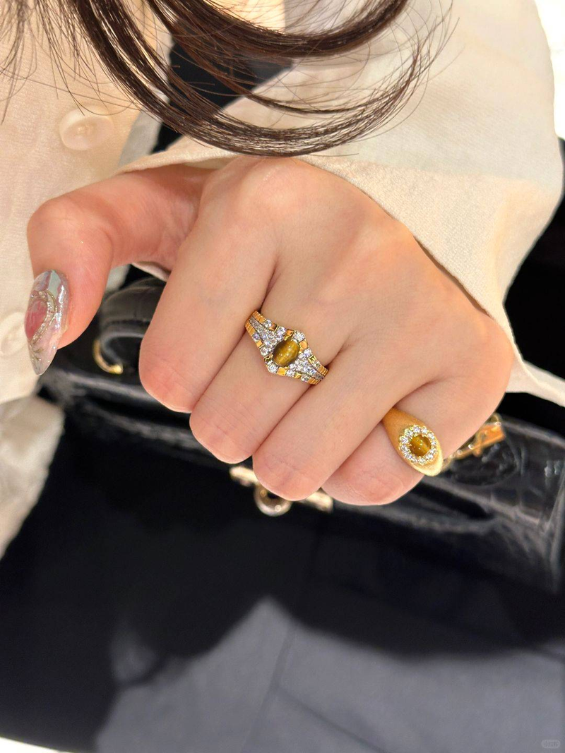 Xiaohongshu's Hot Selling Full Diamond Tiger Eye Stone Retro Ring, Antique Style Brushed Craft Pinky Ring, Mocha Maillard Ring_voghion.com
