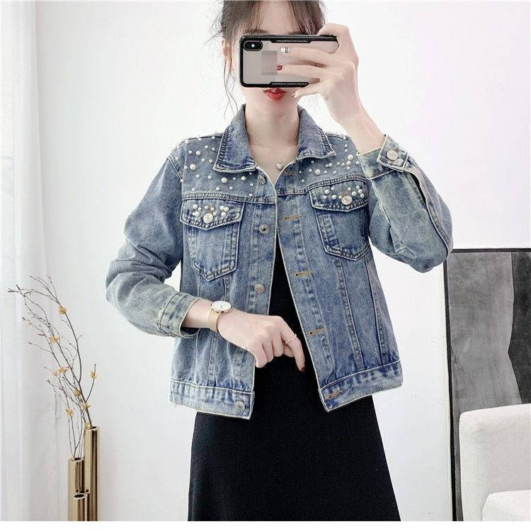 Distressed Denim Jacket Women's Casual Blazer With Rhinestone Embellishments, Light Blue Oversized Coat For Students & Plus Size_voghion.com