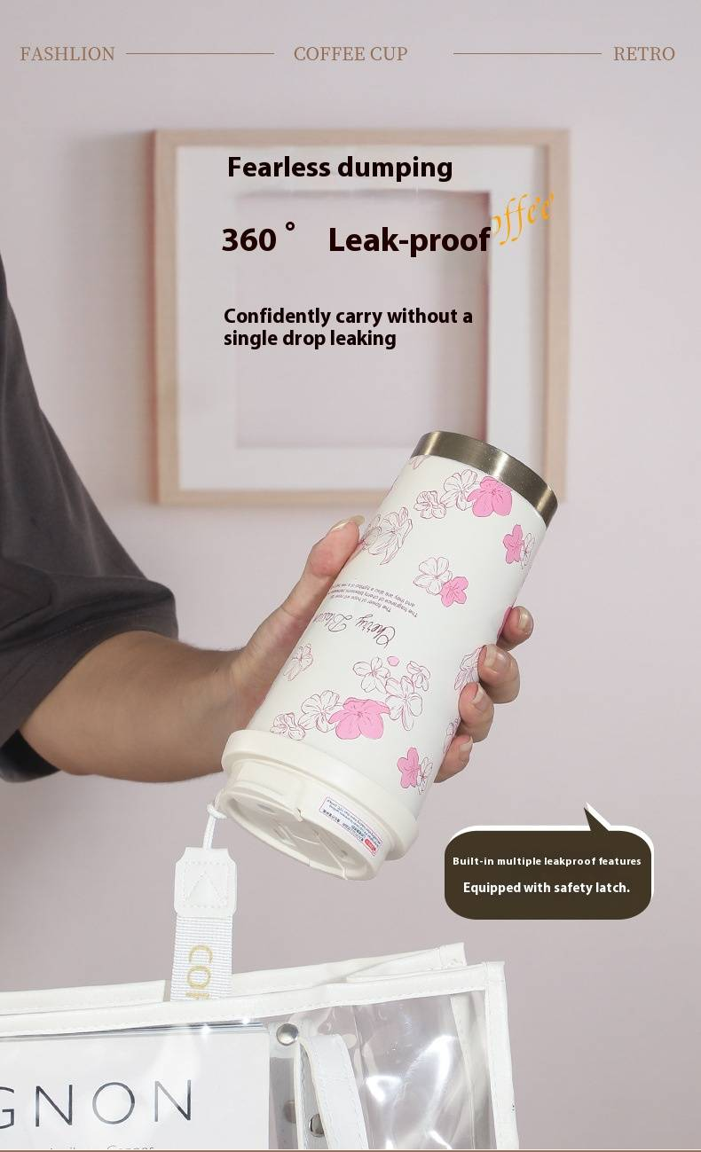 Coffee Tumbler - 500ml Stainless Steel Insulated Travel Mug With Handle & Straw, Floral Print Design, Ideal For Car, Office & Gifts_voghion.com