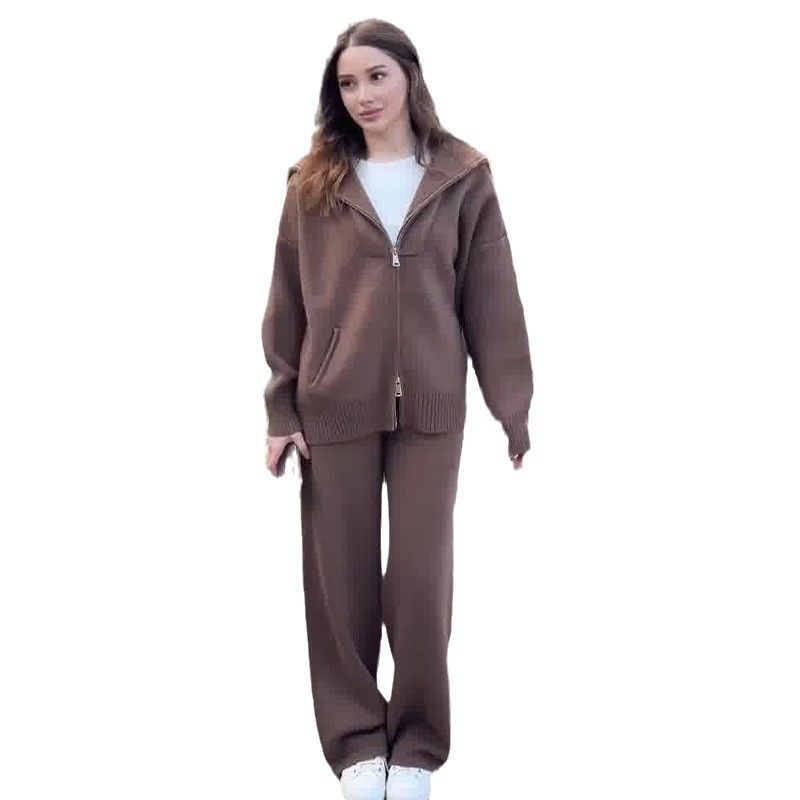 Women's Solid Color Lapel Zipper Slim Fit Knit Sweater Two-piece Set_voghion.com