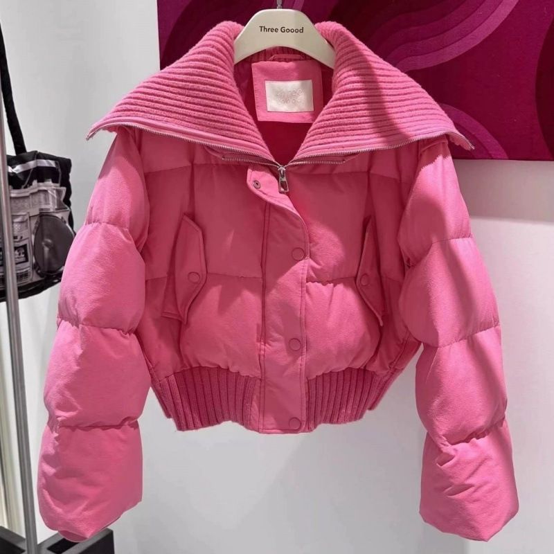 Winter Short Puffer Jacket For Women - High Waist Oversized Lapel Coat With White Duck Down, Stylish & Warm Cropped Outerwear_voghion.com