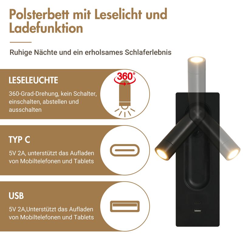 Polsterbett Doppelbett 180×200 Cm Mit 2 Nachttischen Und 4 Schubladen, Kopfteil Leselicht Mit USB Ladefunktion, Grau, Samt (Ohne Matratze)_voghion.com