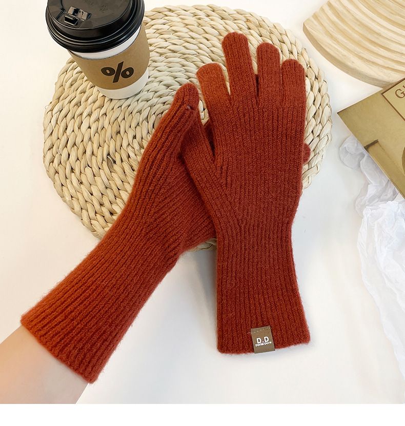 Μονόχρωμο πλεκτό χειμωνιάτικο γυναικείο ζεστό και αντιολισθητικό glo με οθόνη αφής, κορεάτικη έκδοση με χοντρό μαλλί για χώρισμα δακτύλων_voghion.com