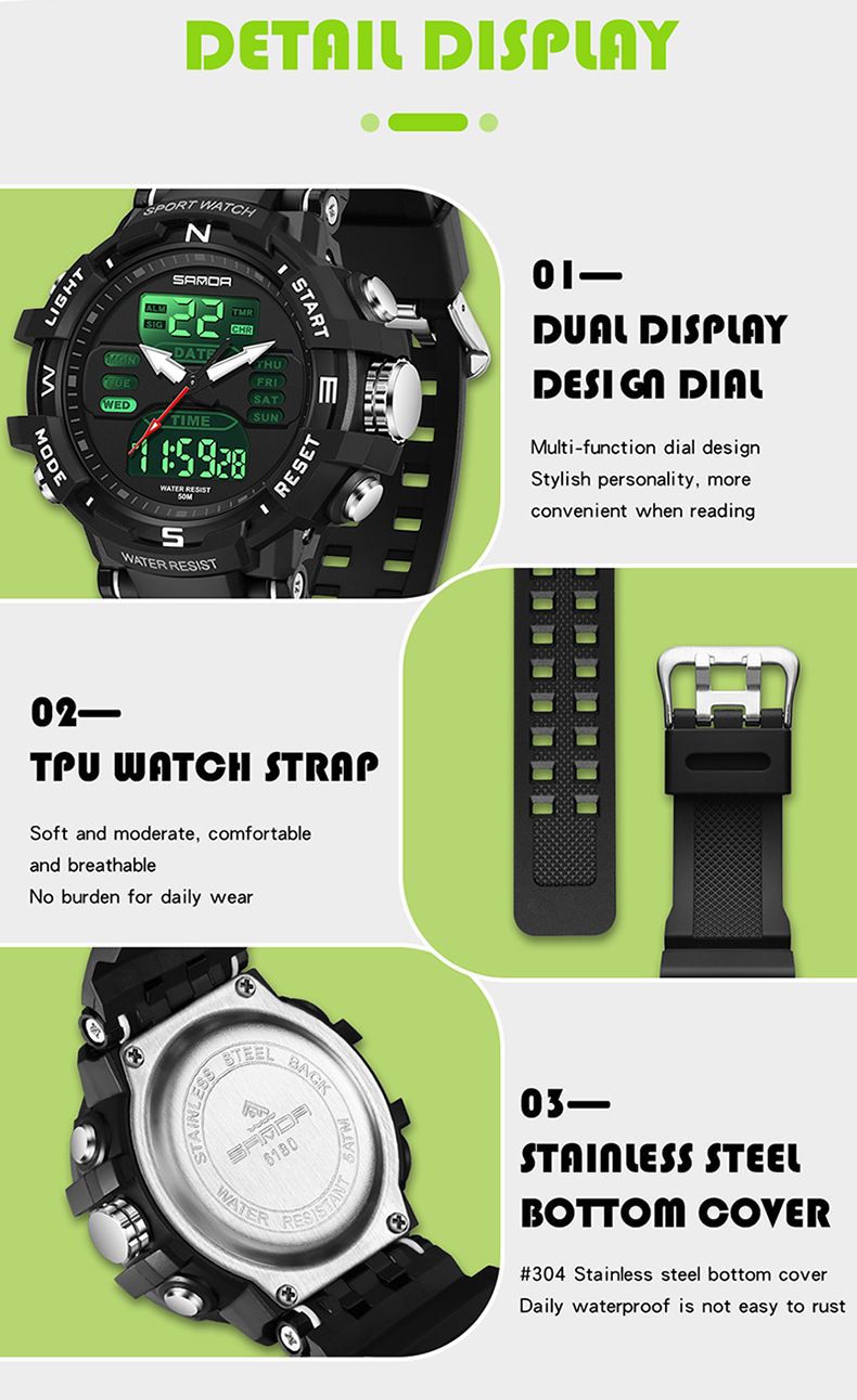 Unisex Digital Analog Sports Watch With LED Backlight, Alarm, Stopwatch, 50M Waterproof For Couples, Gym, Outdoor Activities_voghion.com
