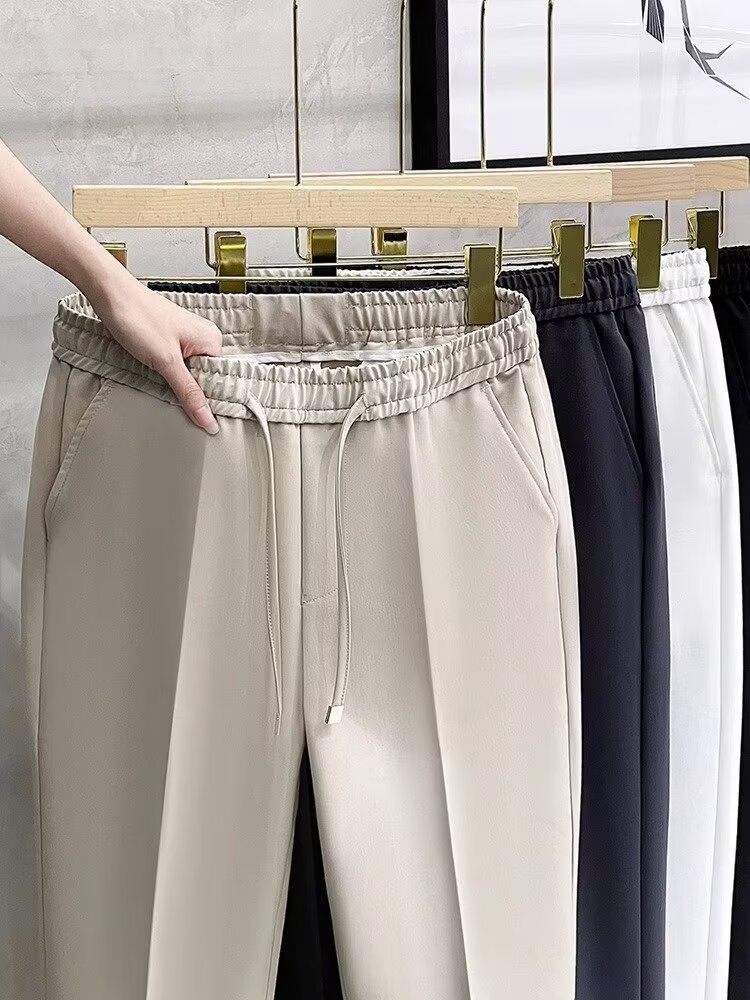 Men's Clothing 2024 Spring And Autumn New Slim Elastic Waist Small Foot Trousers Men's Casual Nine-Point Pants Drape Trendy Straight_voghion.com