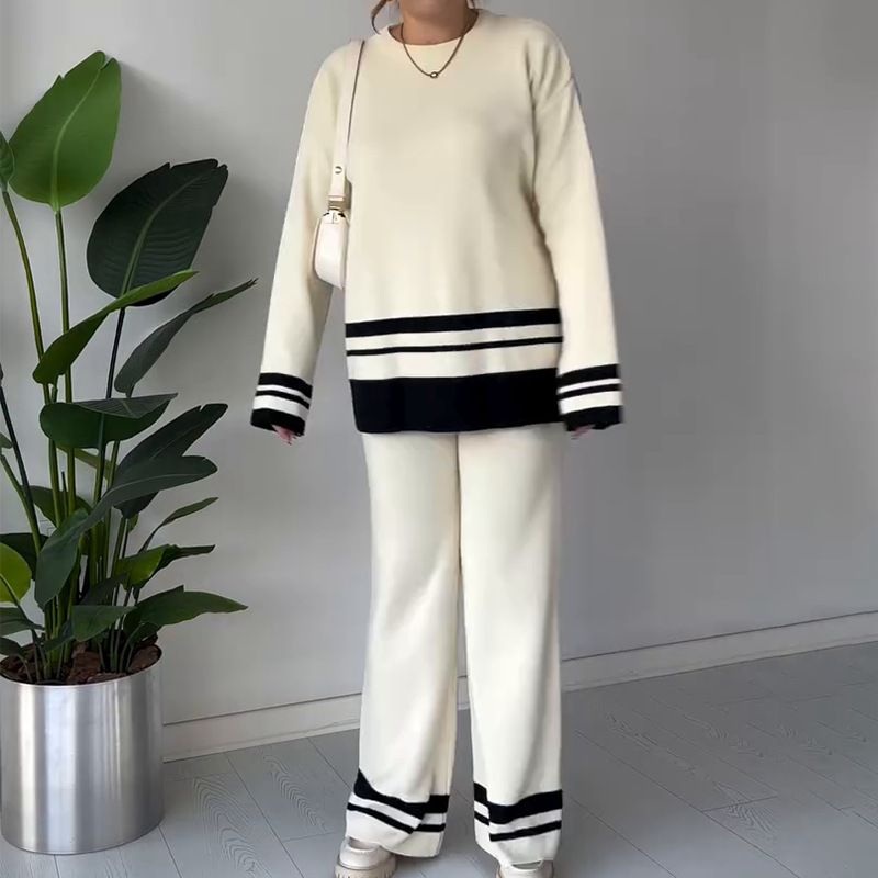 Women's Clothing new fashion leisure lazy style knitted contrast color comfortable suit_voghion.com