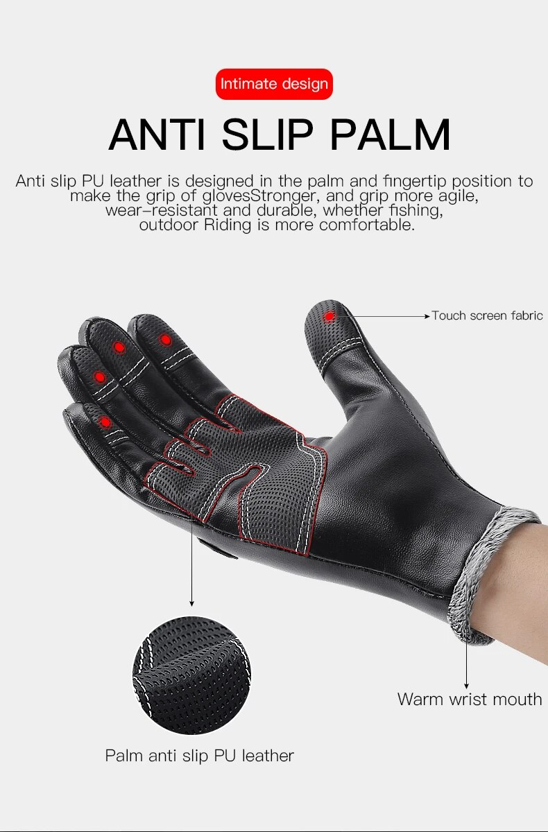 Herren-Fahrradhandschuhe, Winter, warm, Leder, Fleece, wasserdicht, winddicht, Touchscreen, Fahrrad, Outdoor, Vollfinger, Fahrrad, Ski_voghion.com