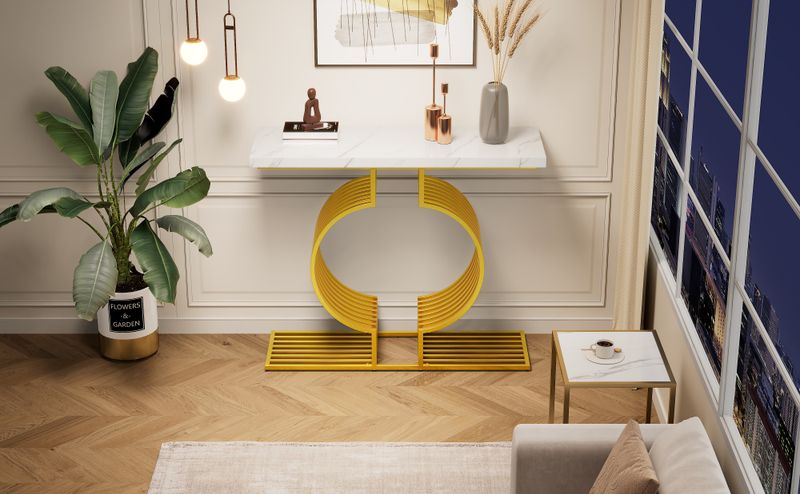 Table basse moderne minimaliste blanche brillante 100 x 35 x 80 cm, table d'appoint de salon avec pieds dorés, console, configuration double._voghion.com