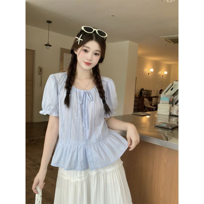 Blaues Chiffon-Kurzarmhemd für Damen, Sommer-Slim-Fit-Lockeres, stilvolles Rüschenoberteil_voghion.com