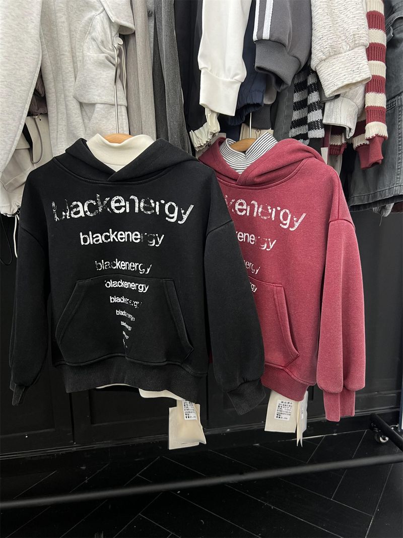 Boys And Girls American Vintage Letter Hooded Sweatshirt, Children's Trendy Cool Autumn Style Sand Washed White Pullover_voghion.com