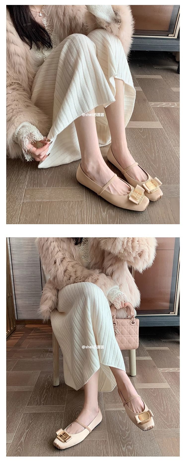 Sheepskin Version Pig Nose~Diamond Buckle Silk Satin Mary Jane Ballet Flats Women's Shoes_voghion.com