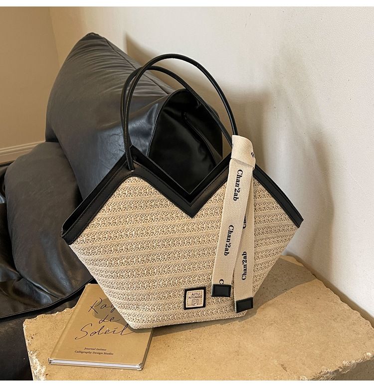 Damen-Einkaufstasche, große Kapazität, gewebte Strohtasche, große Kapazität, Umhängetasche für den Strandurlaub, Pendler-Einkaufstasche_voghion.com