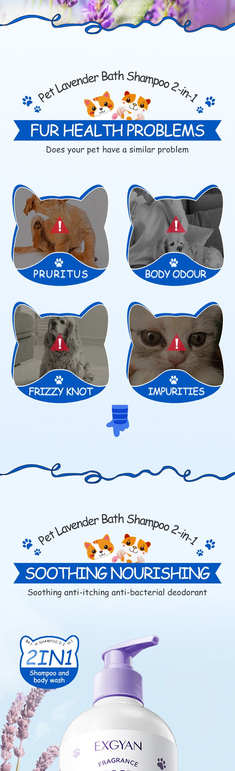Shampoo da bagno alla lavanda per animali domestici Full English Pet 2 in 1 EXGYAN Bagnoschiuma per cani e gatti_voghion.com