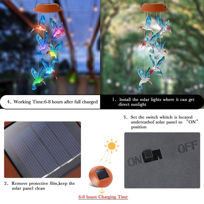 Nuovo campanello eolico solare da esterno con luce LED colorata sfumata a forma di colibrì, conchiglia rossa e uccello blu_voghion.com