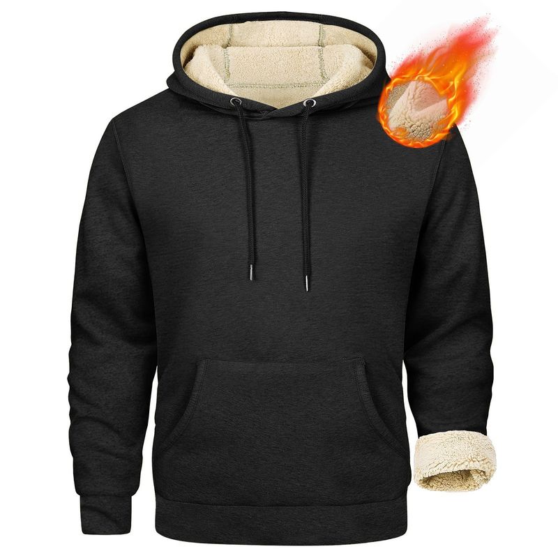 Felpa con cappuccio foderata in pile da uomo - Pullover in caldo misto cotone con tasca a marsupio_voghion.com