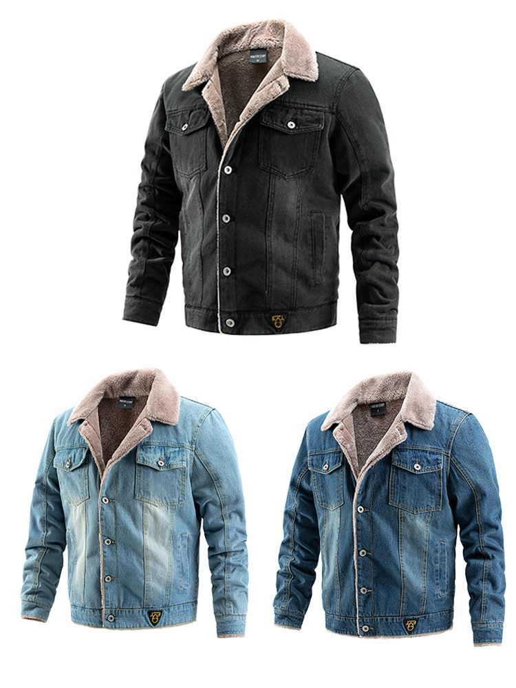 Men's Winter Fleece-Lined Denim Jacket – Korean Streetwear Washed Cotton Coat (M-XXXL, Slim Fit, Distressed Look, Unisex Outerwear)_voghion.com