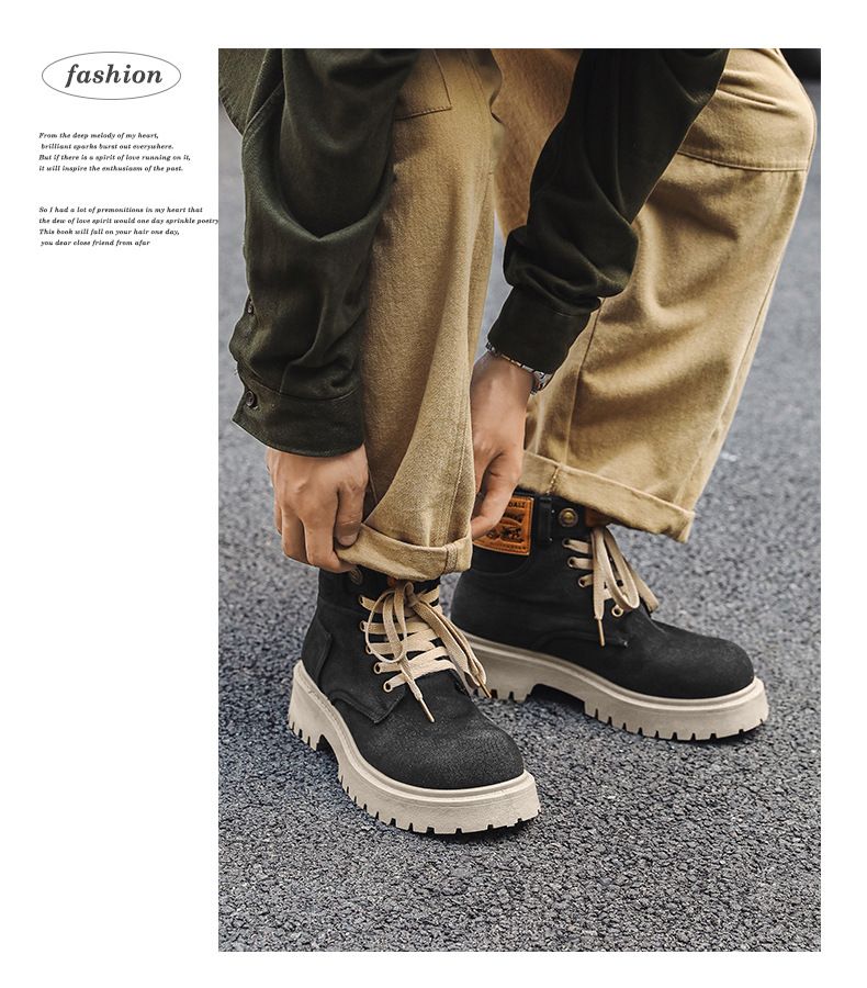 Men's Chunky Sole Cowboy Denim Ankle Boots - Retro Work Boots With Mid-Calf Height & Lace-Up Design For Casual & Streetwear_voghion.com
