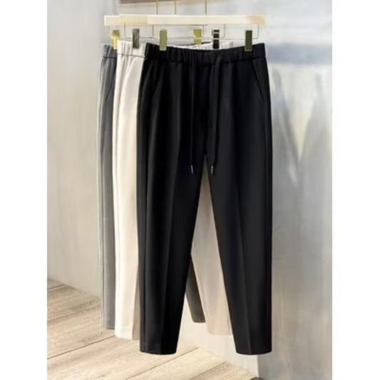 Drapierte Freizeithose für Herren, trendige, schlichte, einfarbige Hose mit elastischer Taille und geradem Neun-Punkt-Kordelzug_voghion.com