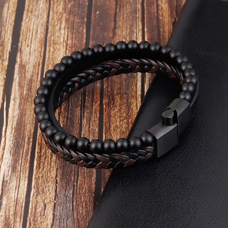 Heißer Verkauf Natur Vulkanstein Mehrschichtiges Herren Leder Gewebtes Armband_voghion.com